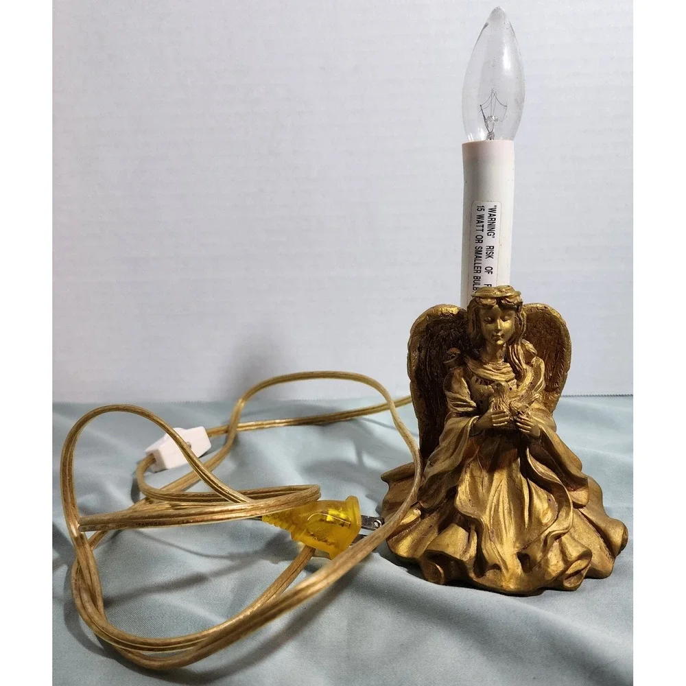 Vintage Angel & Bird Lamp Night Light Gold Resin Statue‎ Electric Candlestick